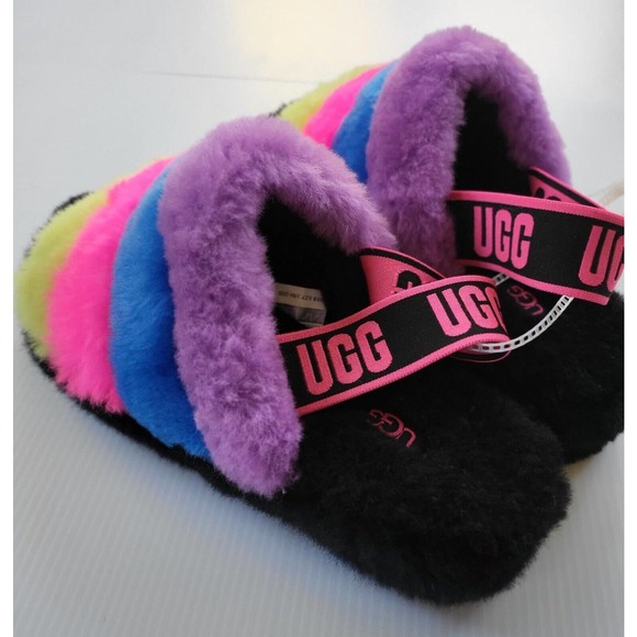 UGG Fluff Yeah Classic Slides Black Taffy Pink Neon Women's Size 7 - Picture 4 of 8